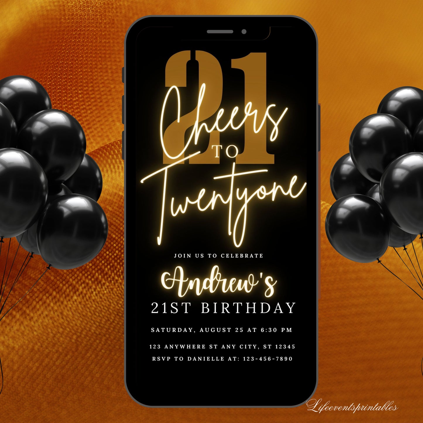 Digital Twenty One 21st Birthday Invitation Template 21th Electronic Birthday Invite Black Gold Birthday Invitation Editable, Text Message Birthday Invite