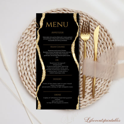 Printable Birthday Party Menu Template, Black Gold Printable Agate Menu Card, Birthday Dinner Table Menu, Birthday Menu Black Gold