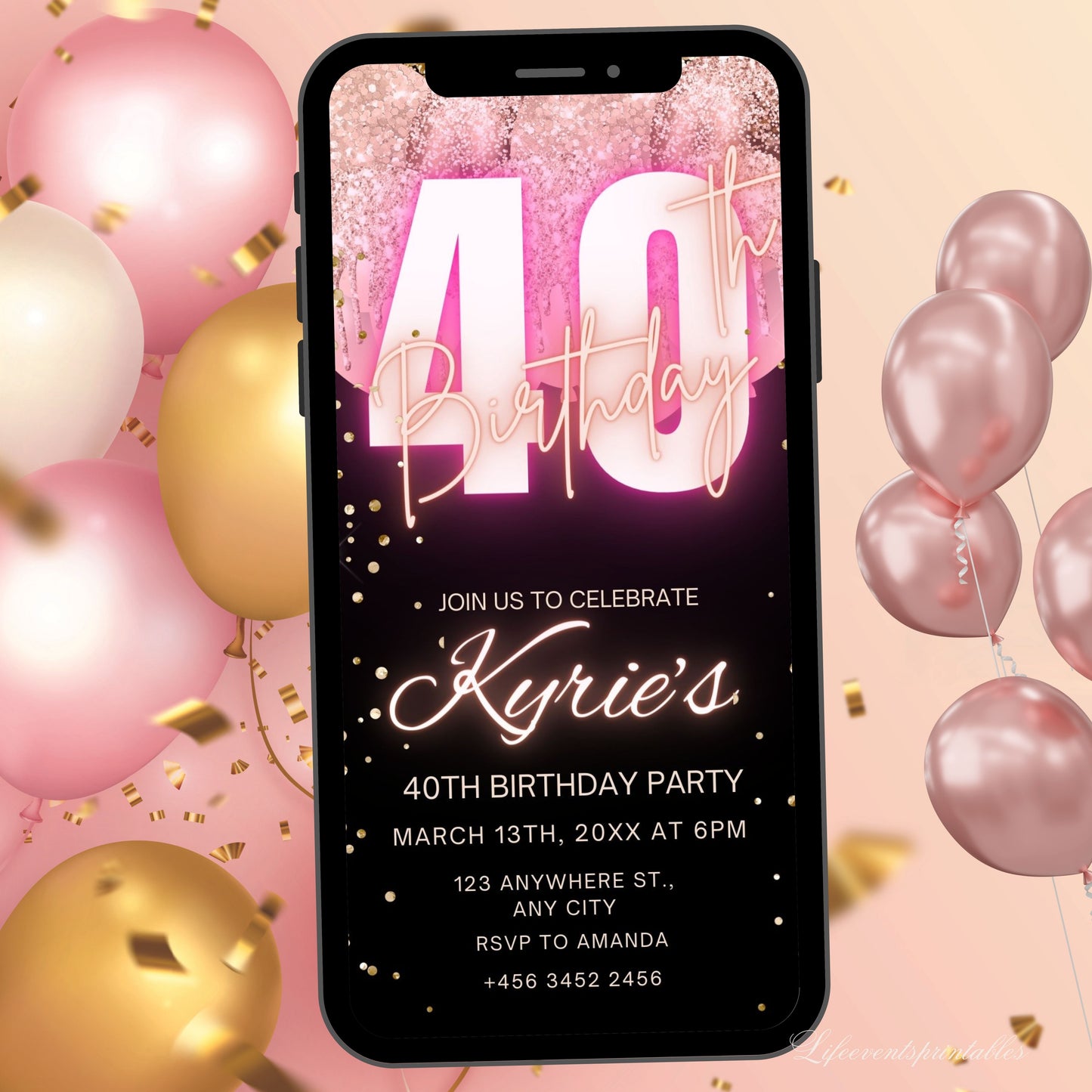 Digital Rosegold 40th Birthday Invitation Template For Her, Animated Fortieth Black Gold Balloon Invite, Editable Pink Itinerary Ecard