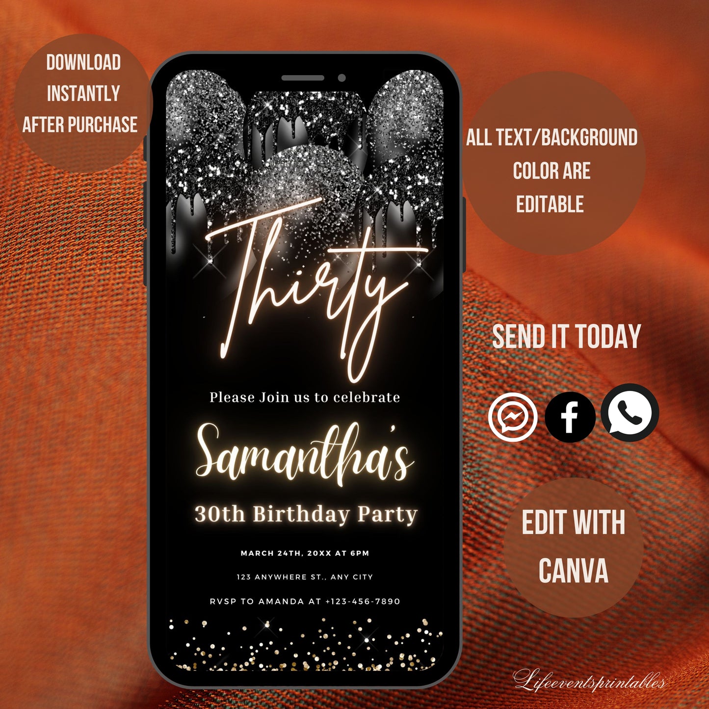 Thirty Birthday Invitation, 30th Birthday invite, Thirtieth E-Invite Template, Text Message Invitation, Digital Invite, Mobile Phone Evite