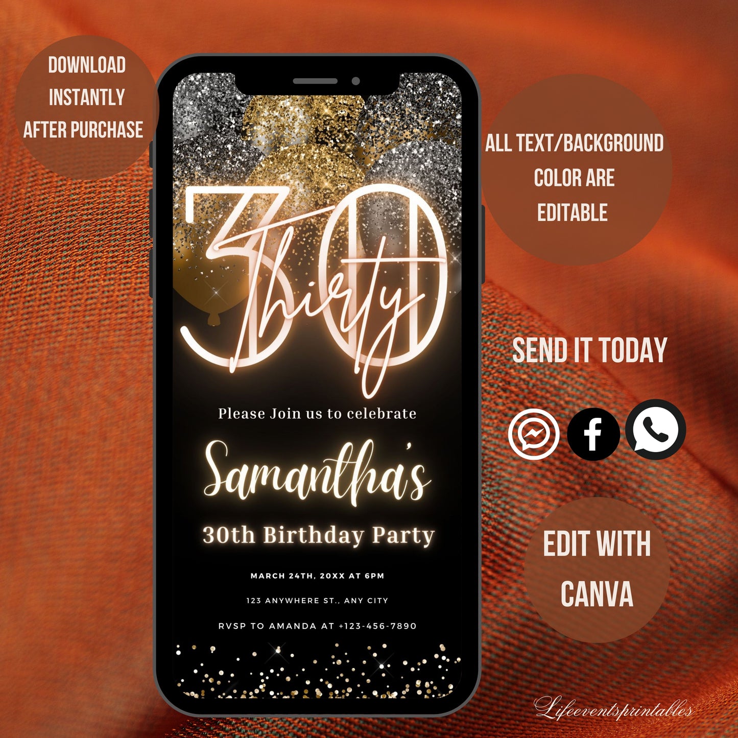 Thirty Birthday Invitation, 30th Birthday invite, Thirtieth E-Invite Template, Text Message Invitation, Digital Invite, Mobile Phone Evite