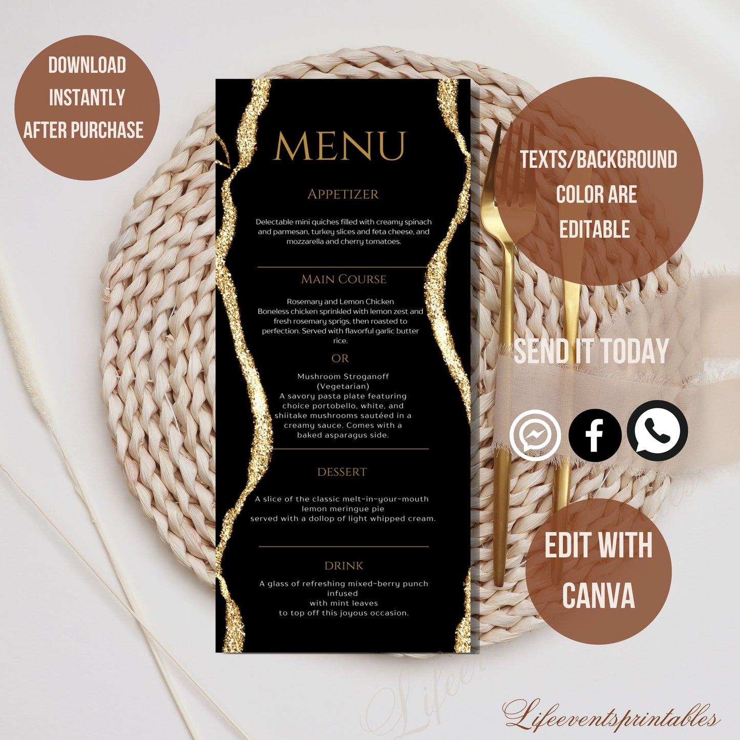 Printable Birthday Party Menu Template, Black Gold Printable Agate Menu Card, Birthday Dinner Table Menu, Birthday Menu Black Gold