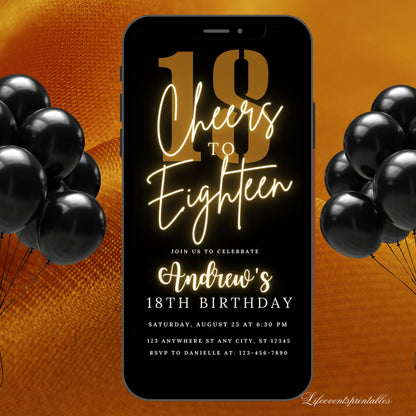 Digital 18th Birthday Invitation Template Black Gold, Eighteenth Black Gold Neon Birthday Invite For Him, Editable Itinerary Ecard