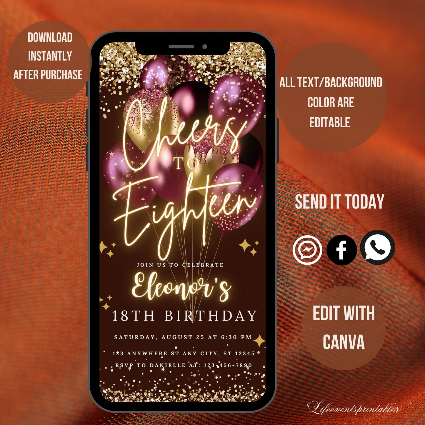 Digital 18th Birthday Invitation Template with purple Balloon, Electronic 18th Birthday Party Neon Text Evite, Balloon Digital Invite Glitter Birthday