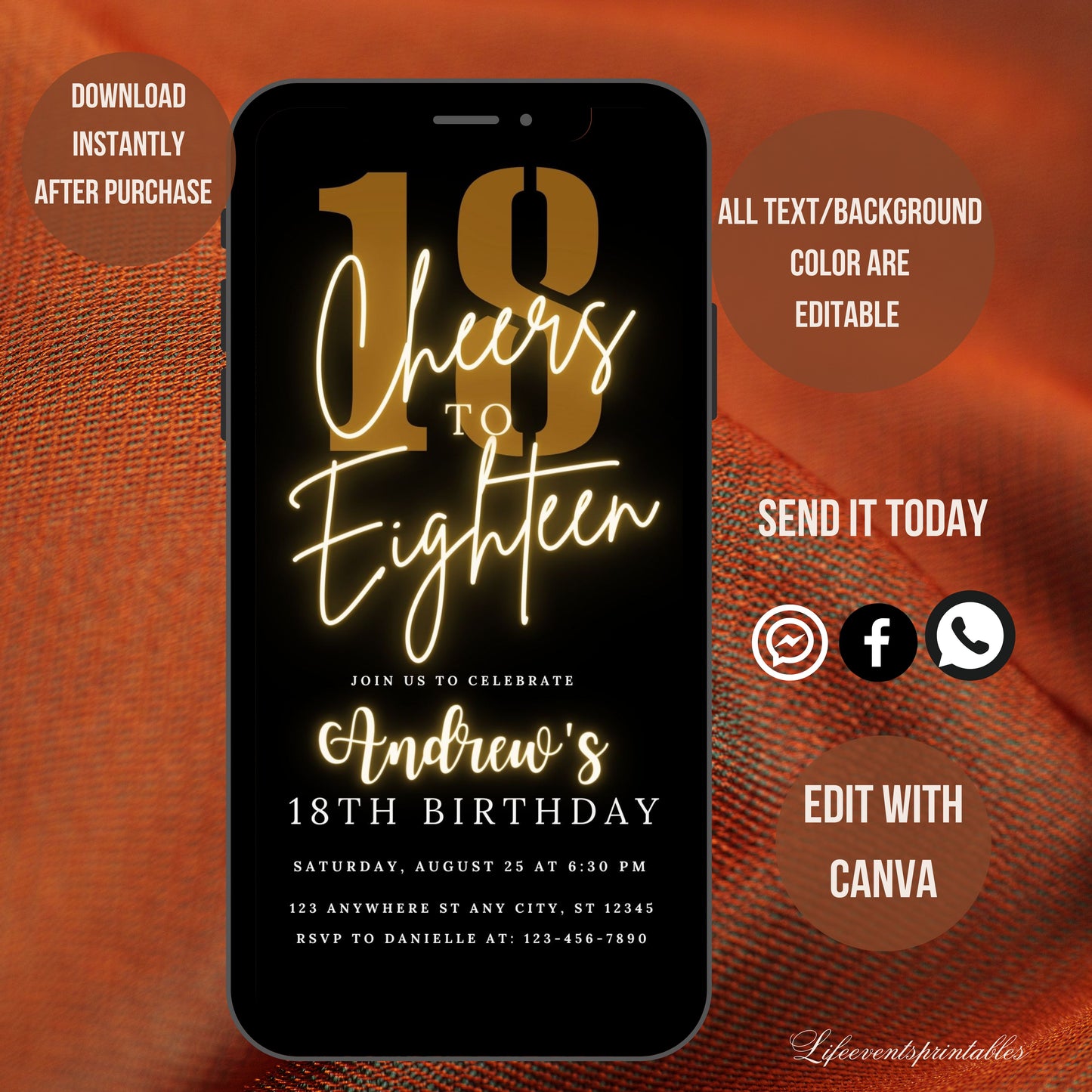 Digital 18th Birthday Invitation Template Black Gold, Eighteenth Black Gold Neon Birthday Invite For Him, Editable Itinerary Ecard