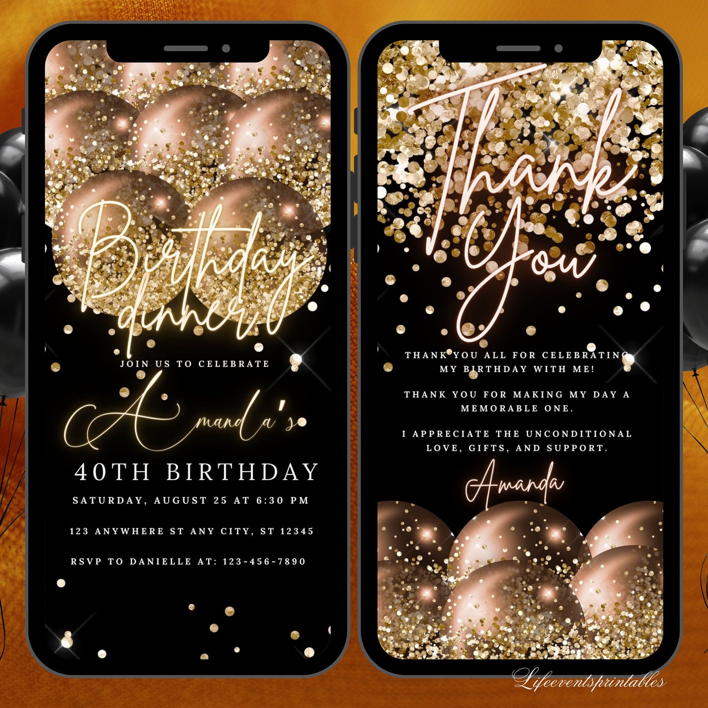 Digital Brown Gold Birthday Party Invitation, Brown Gold Glitter Editable Template, Any Age Evite Instant Download, Phone Birthday Evite