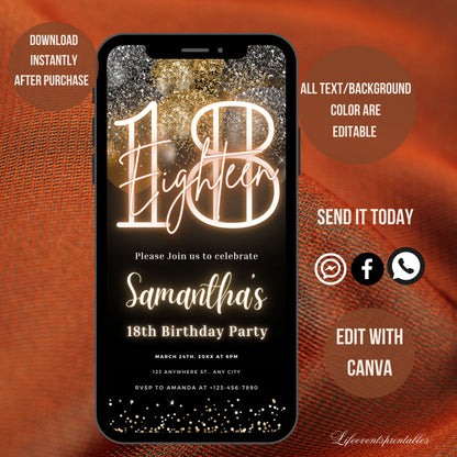 Digital 18th Birthday Invitation Template, Electronic 18th Party Invite, Black Gold Neon Text Evite, Balloon Digital Invite Glitter Birthday