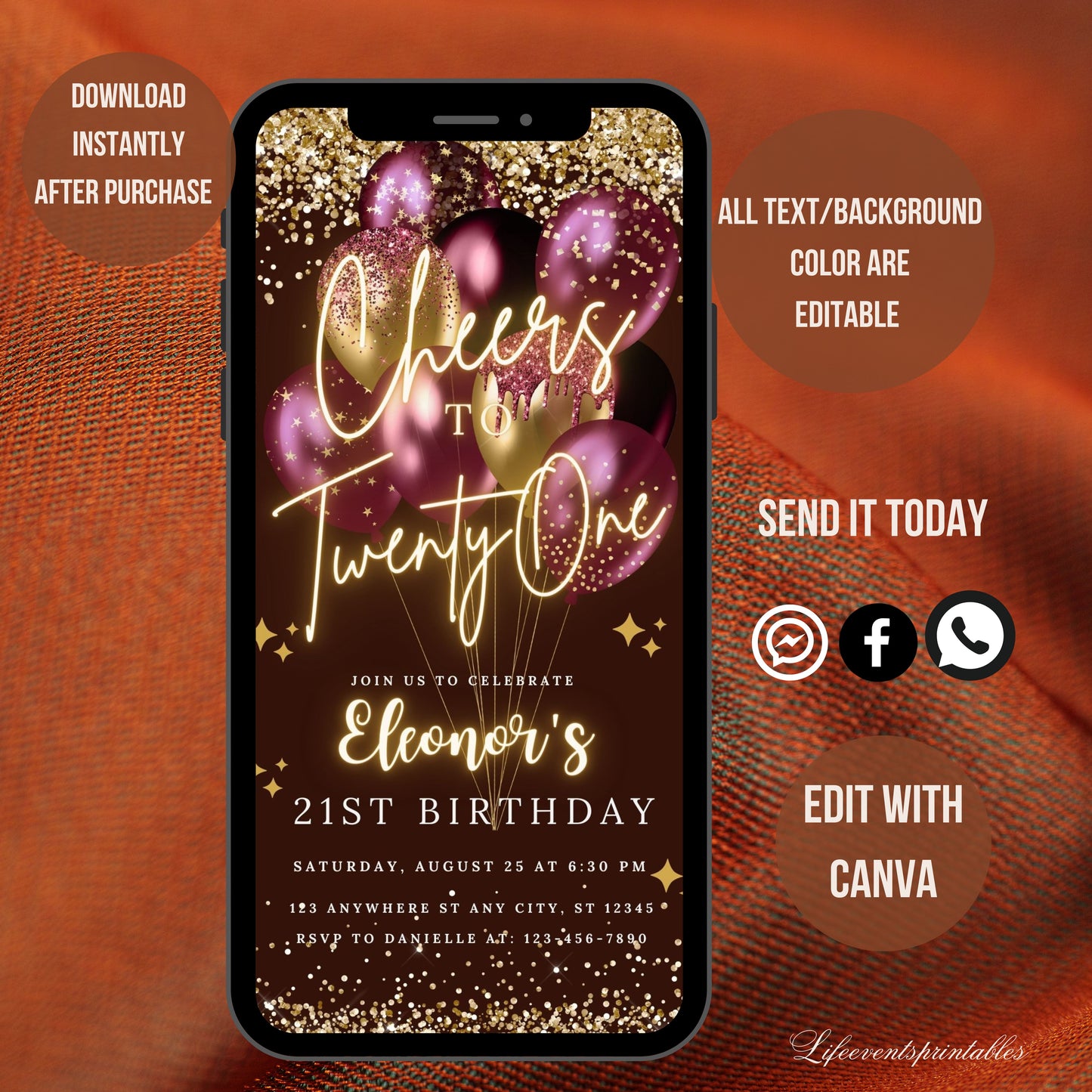 Digital 21st Birthday Invitation Template with purple Balloon, Electronic 21st Birthday Party Neon Text Evite, Balloon Digital Invite Glitter Birthday