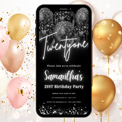 Digital Twenty One 21st Birthday Invitation Template 21st Electronic Birthday Invite Black Gold Birthday Invitation, Editable Text Message