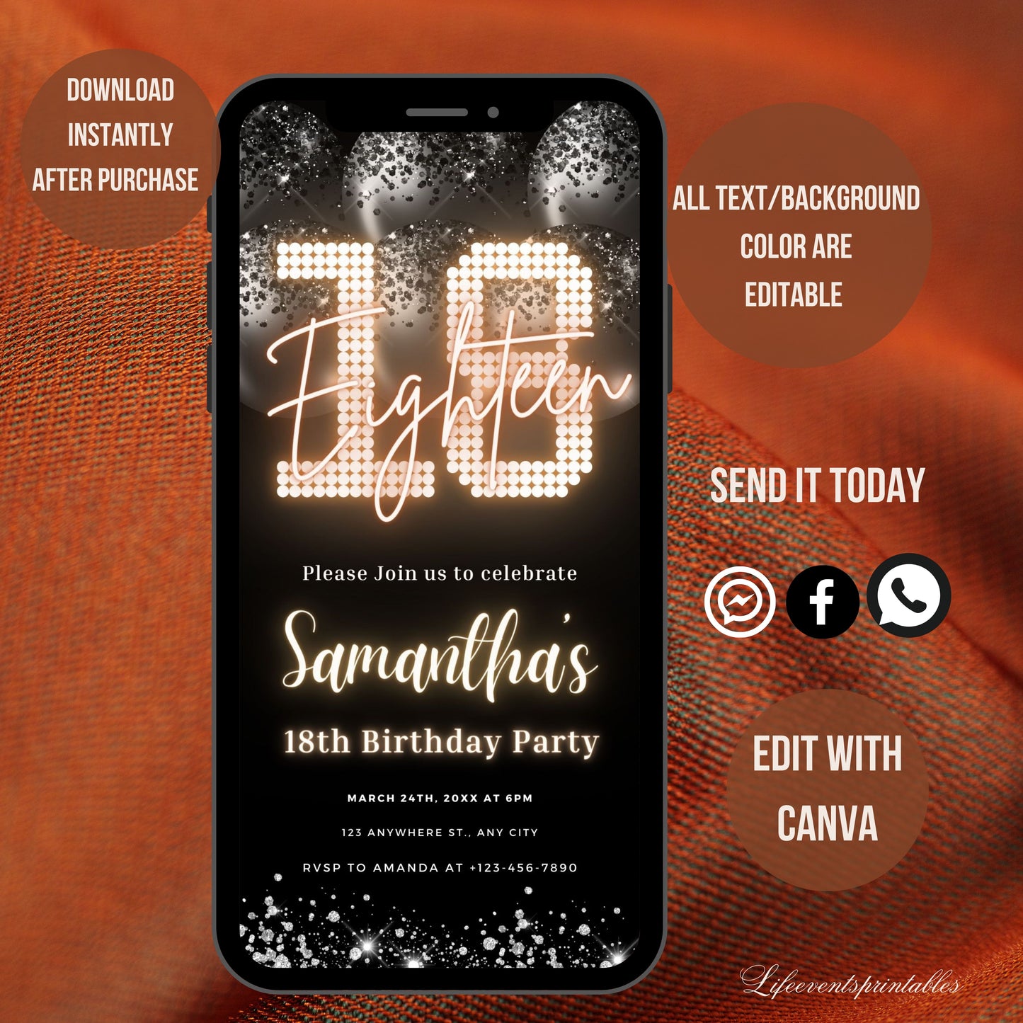 Digital 18th Birthday Invitation Template, Electronic 18th Party Invite, Black Neon Text Evite, Balloon Digital Invite Glitter Birthday