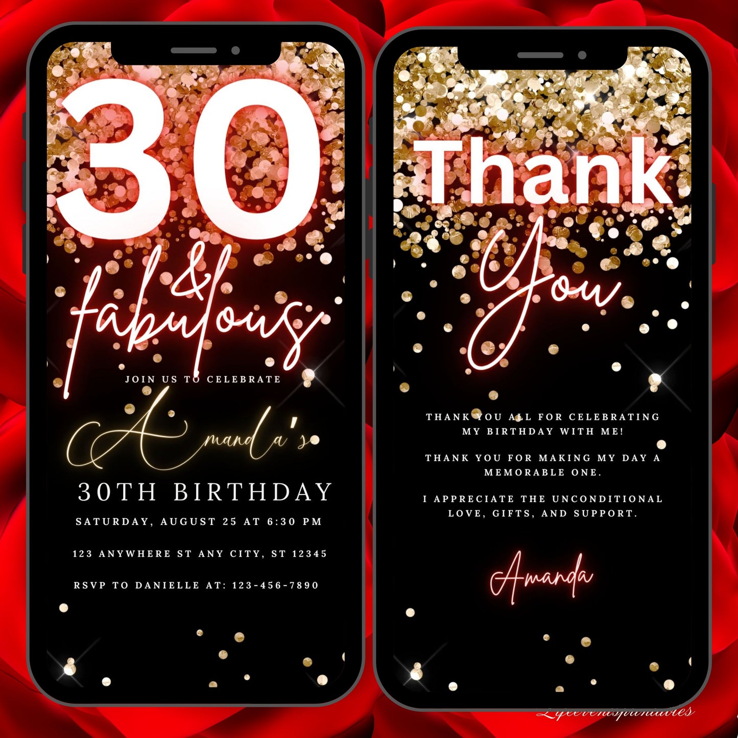 Digital 30th Birthday Invitation Template, Thirtieth Neon Birthday Evite Editable, Glittery 30th Party Invitation Digital Ecard