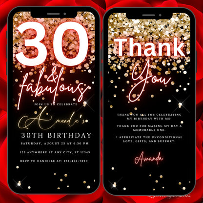 Digital 30th Birthday Invitation Template, Thirtieth Neon Birthday Evite Editable, Glittery 30th Party Invitation Digital Ecard