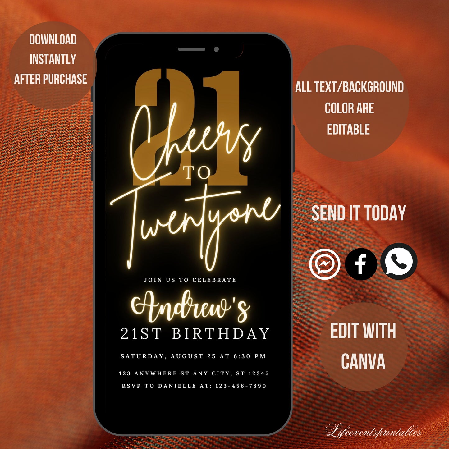 Digital Twenty One 21st Birthday Invitation Template 21th Electronic Birthday Invite Black Gold Birthday Invitation Editable, Text Message Birthday Invite