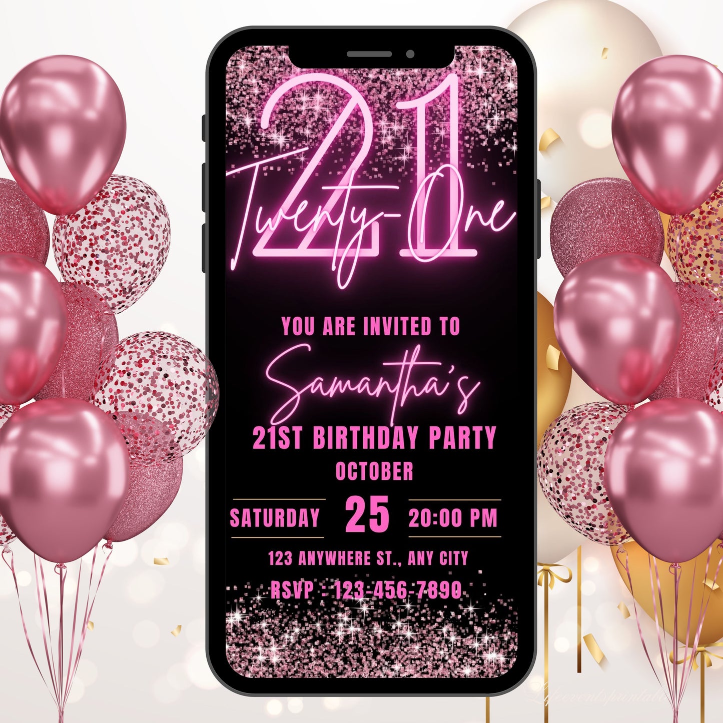 Neon 21st Birthday Invitation Template