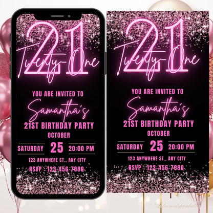 21st Birthday Invitation for girl, Birthday Template, Glittery Bday Pink Neon Light Instant Download Invites, 21stTwenty 1 Editable Template