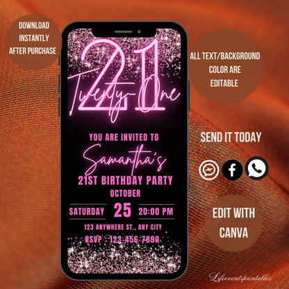 21st Birthday Invitation for girl, Birthday Template, Glittery Bday Pink Neon Light Instant Download Invites, 21stTwenty 1 Editable Template