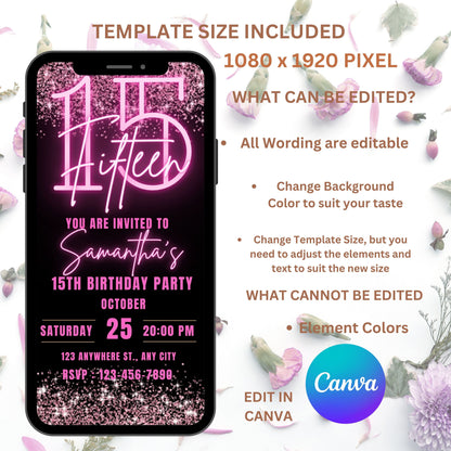 15th Birthday Invitation for girl, Birthday Template, Teen Bday, Pink Neon Light, Instant Download Invites, 15, Fifteen, Editable Template