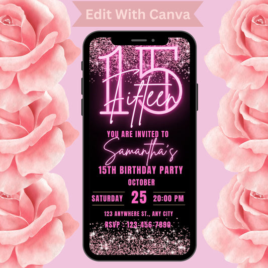 Pin Neon 15th Birthday Invitation For Girls