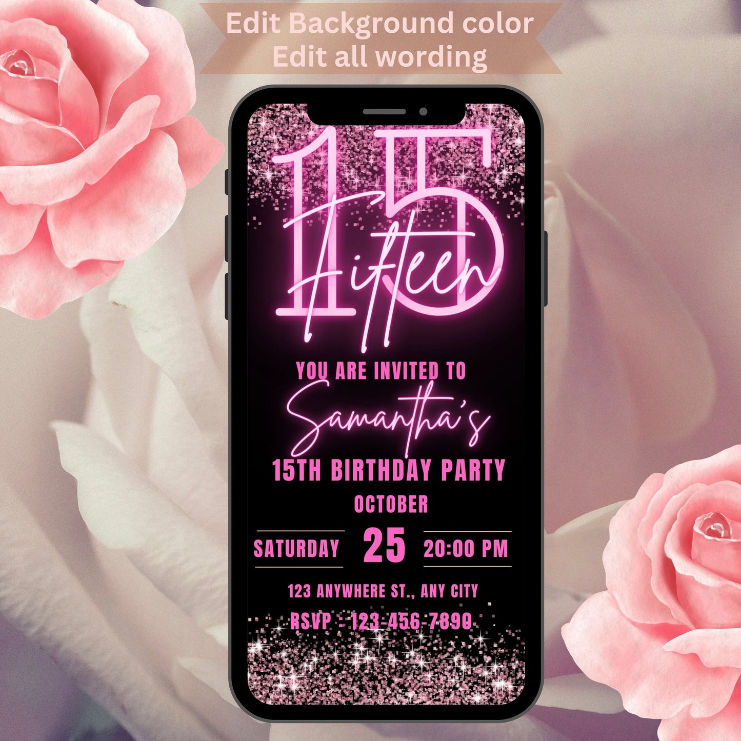 15th Birthday Invitation for girl, Birthday Template, Teen Bday, Pink Neon Light, Instant Download Invites, 15, Fifteen, Editable Template