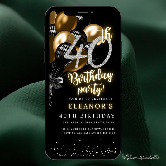 Digital 40th Birthday Invitation Template For Women, 40th Invite Ecard, Virtual Rustic Forty Party Invite For her, Self Editable Template