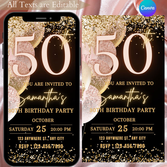 Digital 50th Birthday Invitation For Women, Editable 50th Invite Evite, Virtual Rustic Fifty Party Invite For Her, Birthday Invite For Her