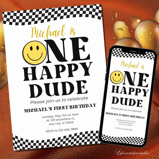 One Happy Dude Birthday Invite Template, Editable Smiley Face Birthday Invite, Digital Boy 1st Birthday evite, Lightening Bolt Smiley