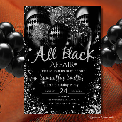 All Black Affair Invitation Template, Editable All Black Party Invitation, Digital Black Birthday Birthday Invite, Text Invite