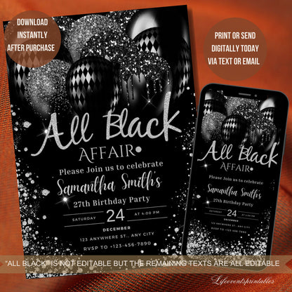 All Black Affair Invitation Template, Editable All Black Party Invitation, Digital Black Birthday Birthday Invite, Text Invite