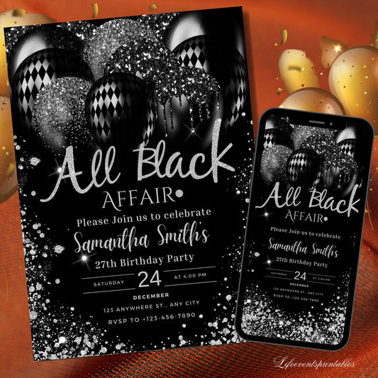 All Black Affair Printable Birthday Invitation Template