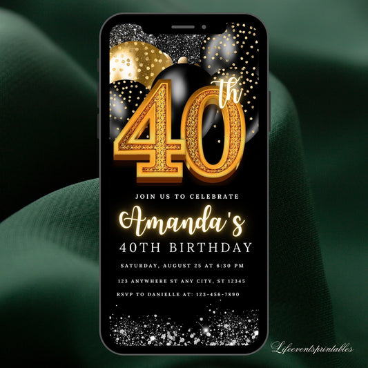 Digital 40th Birthday Invitation Template For Women, 40th Invite Ecard, Virtual Rustic Forty Party Invite For her, Self Editable Template