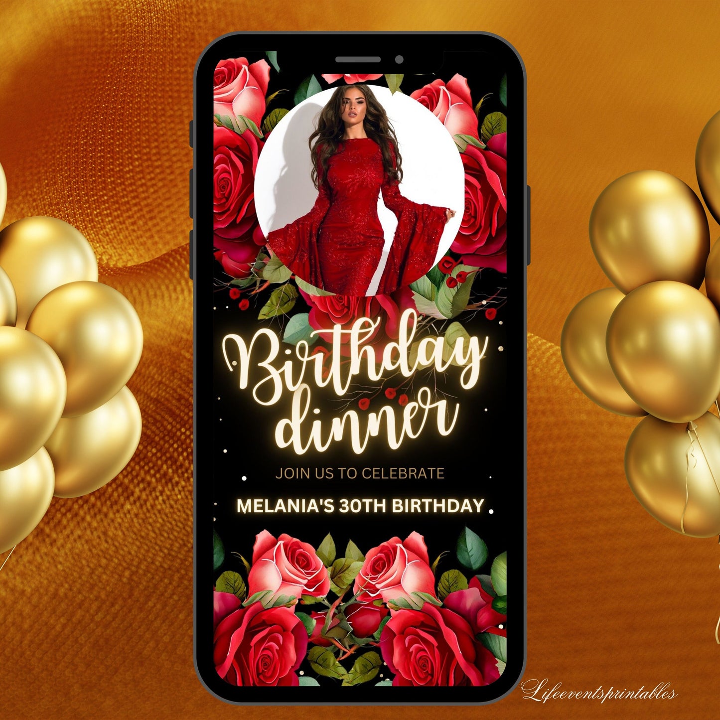 Red Floral Birthday Invitation Canva Template, Roses Neon Glittery Birthday evite, Digital Photo Birthday Invitation with red flowers