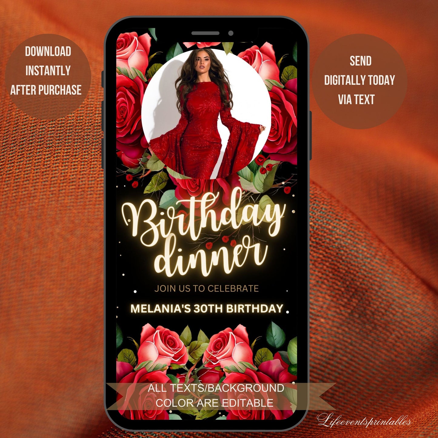 Red Floral Birthday Invitation Canva Template, Roses Neon Glittery Birthday evite, Digital Photo Birthday Invitation with red flowers