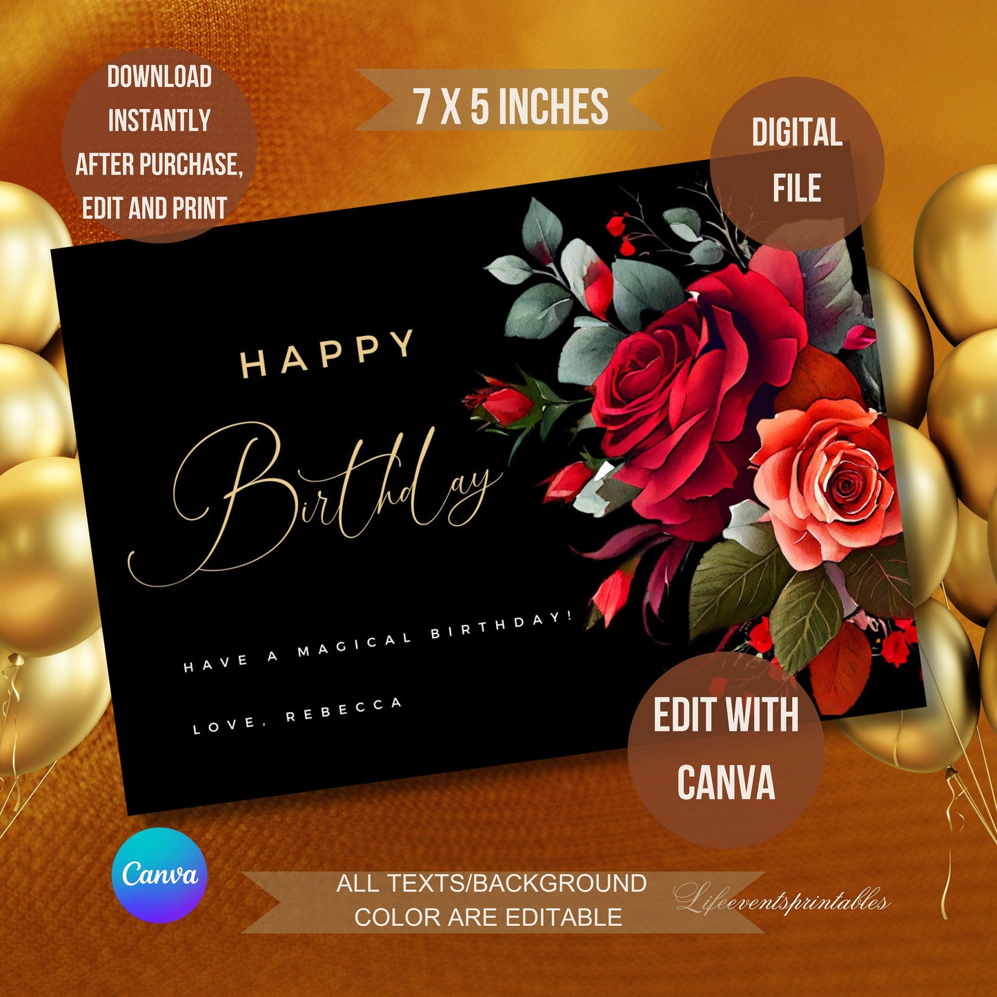 Printable Floral Birthday Card Template, Digital Greeting Card with flowers, Happy Birthday Card, Print at Home Printable Greeting Card