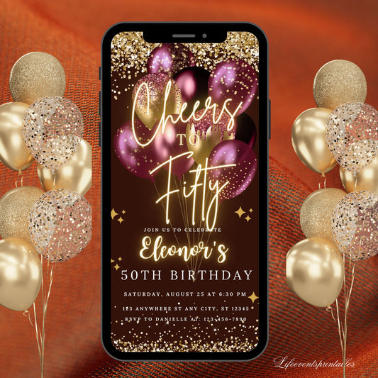 Digital 50th Birthday Invitation For Women, Editable 50th Invite Evite, Virtual Rustic Fifty Party Invite For Her, Birthday Invite For Her