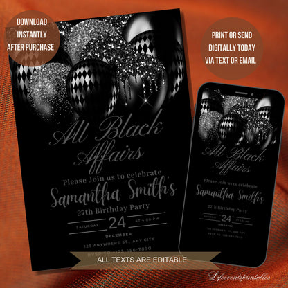 All Black Affair Invitation Template, Editable All Black Party Invitation, Digital Black Birthday Birthday Invite, Text Invite