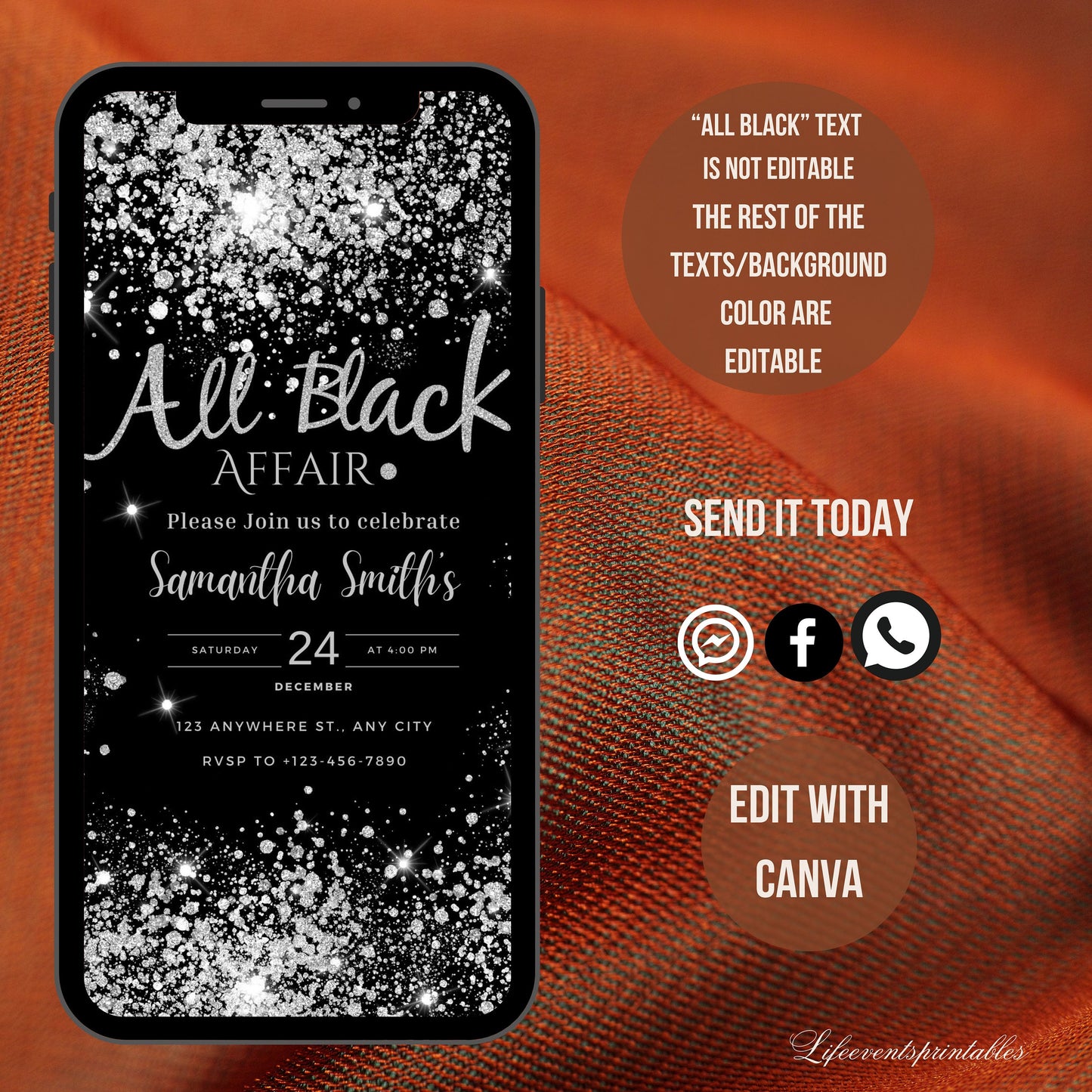 All Black Affair Invitation Template, Editable All Black Party Invitation, Digital Black Birthday Birthday Invite, Text Invite