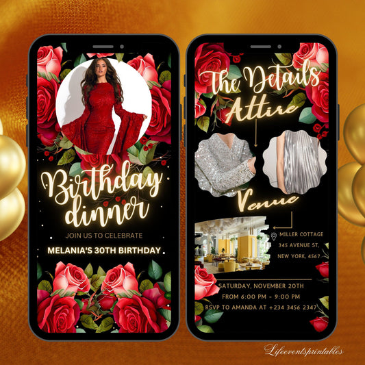 Red Floral Birthday Invitation Canva Template, Roses Neon Glittery Birthday evite, Digital Photo Birthday Invitation with red flowers