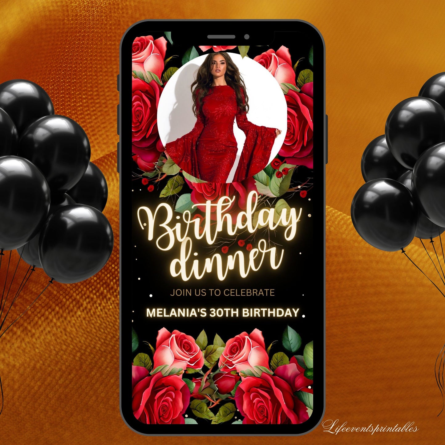 Red Floral Birthday Invitation Canva Template, Roses Neon Glittery Birthday evite, Digital Photo Birthday Invitation with red flowers