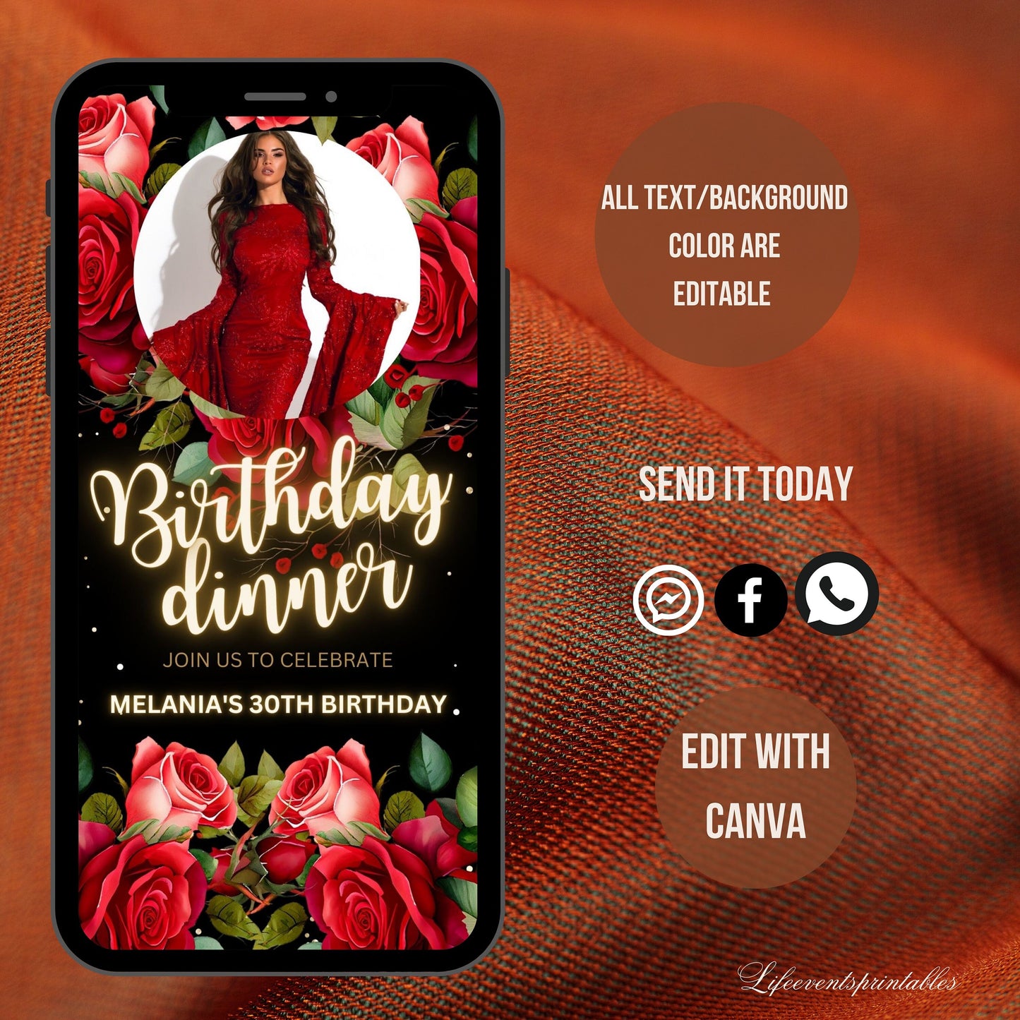 Red Floral Birthday Invitation Canva Template, Roses Neon Glittery Birthday evite, Digital Photo Birthday Invitation with red flowers