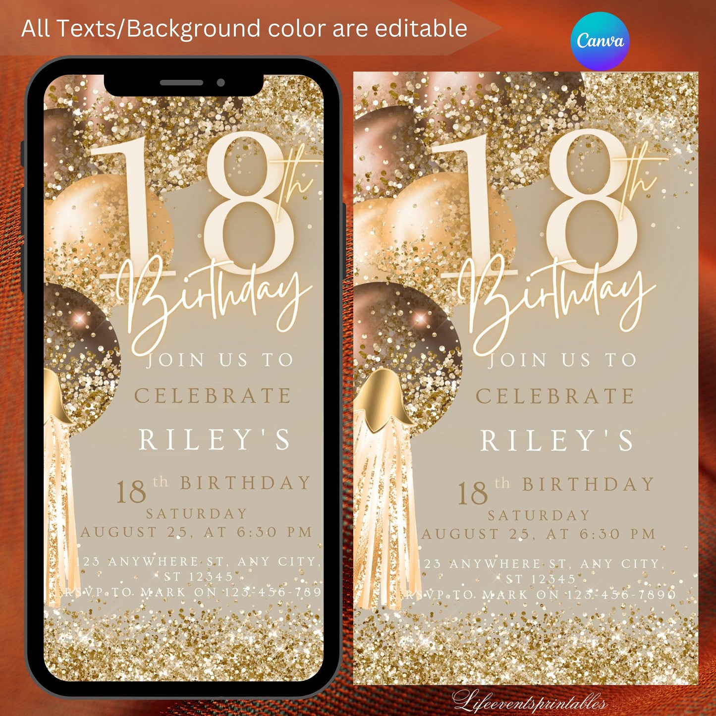 Digital 18th Birthday Invitation Template, Electronic 18th Party Invite, Rose Gold Neon Text Evite, Digital Invite Glitter, Birthday Party