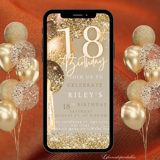 Digital 18th Birthday Invitation Template, Electronic 18th Party Invite, Rose Gold Neon Text Evite, Digital Invite Glitter, Birthday Party