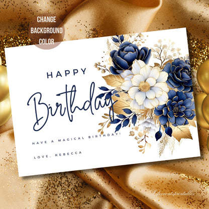 Printable Floral Birthday Card Template, Digital Greeting Card with flowers, Happy Birthday Card, Print at Home Printable Greeting Card