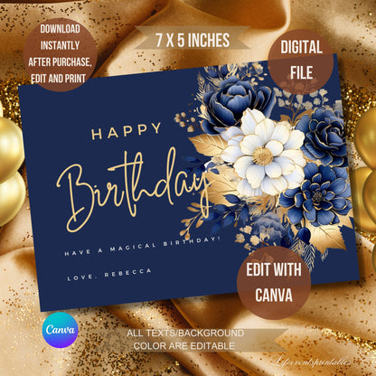 Printable Floral Birthday Card Template, Digital Greeting Card with flowers, Happy Birthday Card, Print at Home Printable Greeting Card