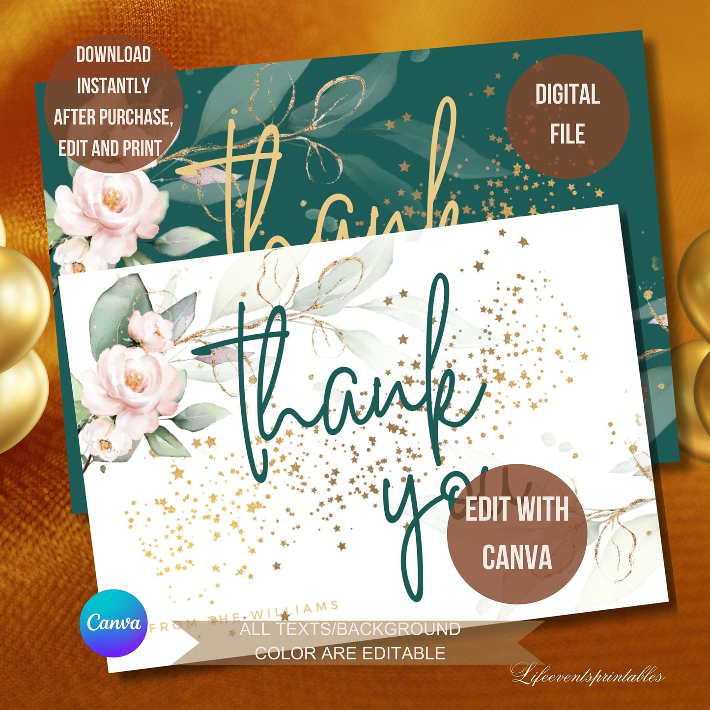 Printable Thank You Card Template, Thank You Card Editable, Greenery Thank you Card, Floral Thank You Card