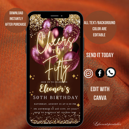 Digital 50th Birthday Invitation For Women, Editable 50th Invite Evite, Virtual Rustic Fifty Party Invite For Her, Birthday Invite For Her