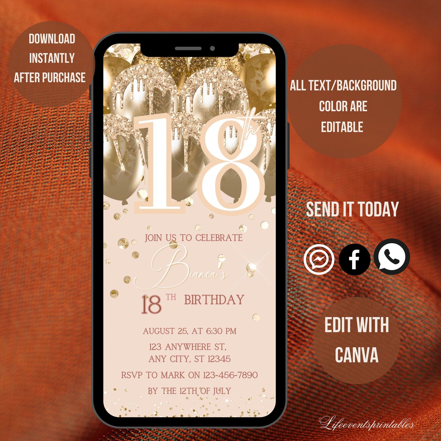 Digital 18th Birthday Invitation Template, Electronic 18th Party Invite, Rose Gold Neon Text Evite, Digital Invite Glitter, Birthday Party