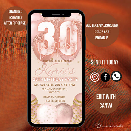 Thirty Birthday Invitation, 30th Birthday invite, Thirtieth E-Invite Template, Text Message Invitation, Digital Invite, Mobile Phone Evite