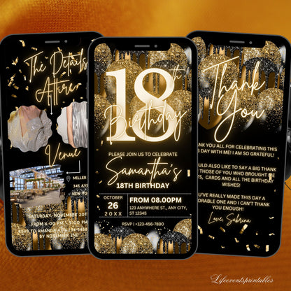 Digital 18th Birthday Invitation Template For Her Gold, Animated Eighteenth Black Gold Balloon Invite For Him, Editable  Itinerary eCard