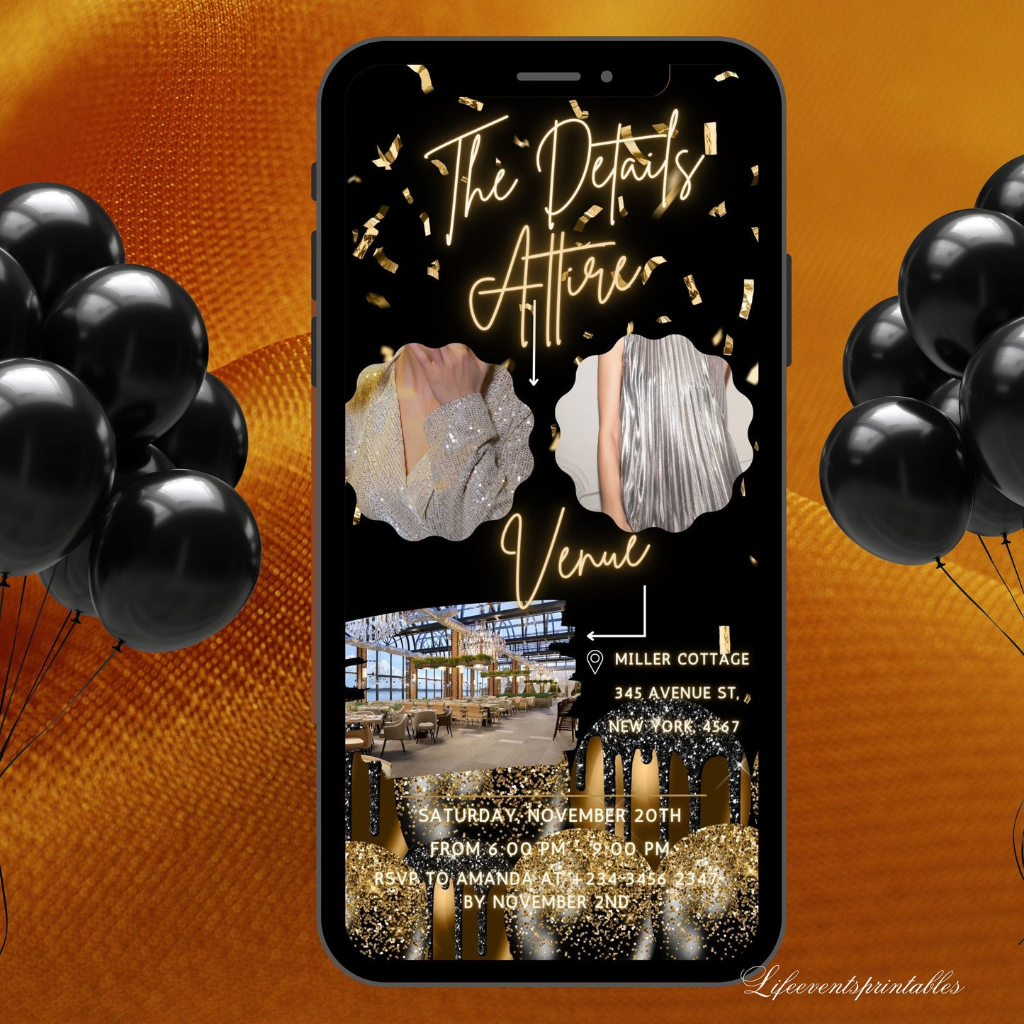 Digital 21ST Birthday Invitation Template For Her Gold, Animated Twenty First Black Gold Balloon Invite For Him, Editable  Itinerary eCard