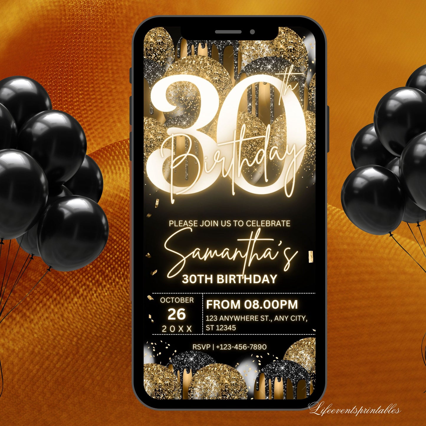 Digital 30th Birthday Invitation Template For Her Gold, Animated Thirtieth Black Gold Balloon Invite For Him, Editable  Itinerary eCard